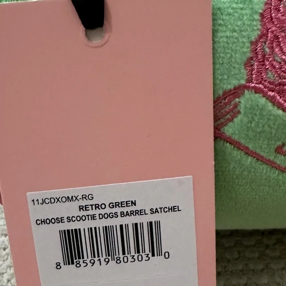 Juicy Couture Retro Green Pink Velour Scottie Dogs Barrel Satchel Bag NWT